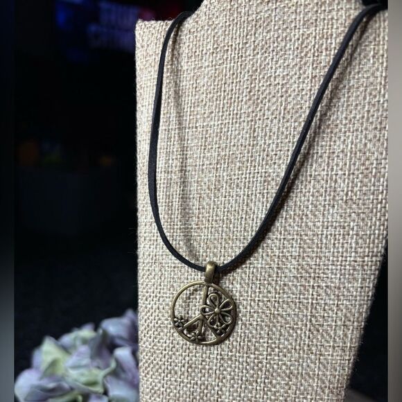 18” Floral Accents Peace Sign Pendant on Black Suede Necklace with Lobster Clas - Picture 2 of 6